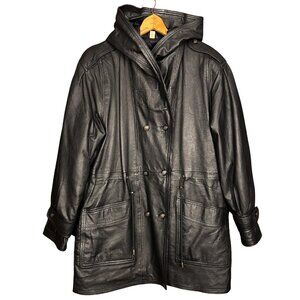 Vintage 90s Black Leather Coat, Quilted Lining, Genuine Leather, Oversized Parka